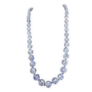 Vintage Chinese Blue White Porcelain Bead Necklace Shou Longevity Knot